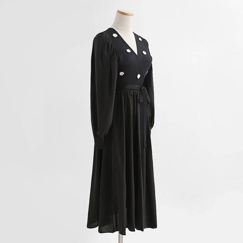 Gentle wind over the knee aging temperament thin embroidered wool dress  2231
