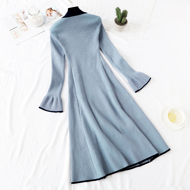 Knitted dress women's new French retro knee length wool dress  2144