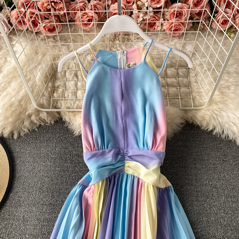 New sleeveless gradient rainbow neck suspender Pleated Dress  2728