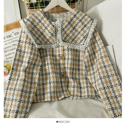 Hong Kong style retro tassels woolen baby collar tweed short shirt style coat women  2119