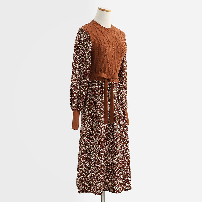 Floral dress lace up stitched corduroy bottomed skirt thin knit long skirt  2339