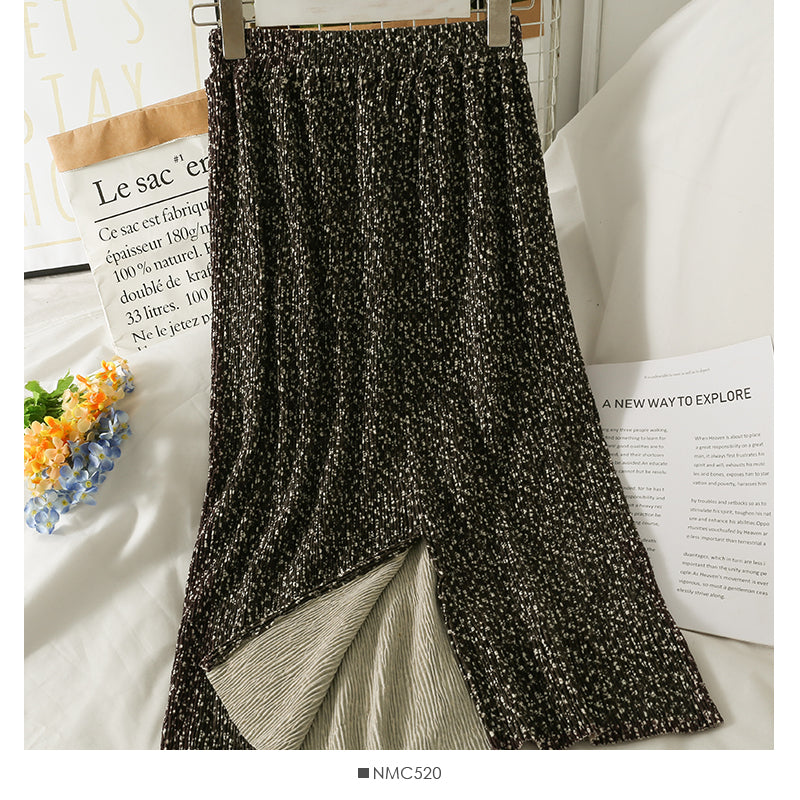 Golden velvet split high waist one step skirt  2599