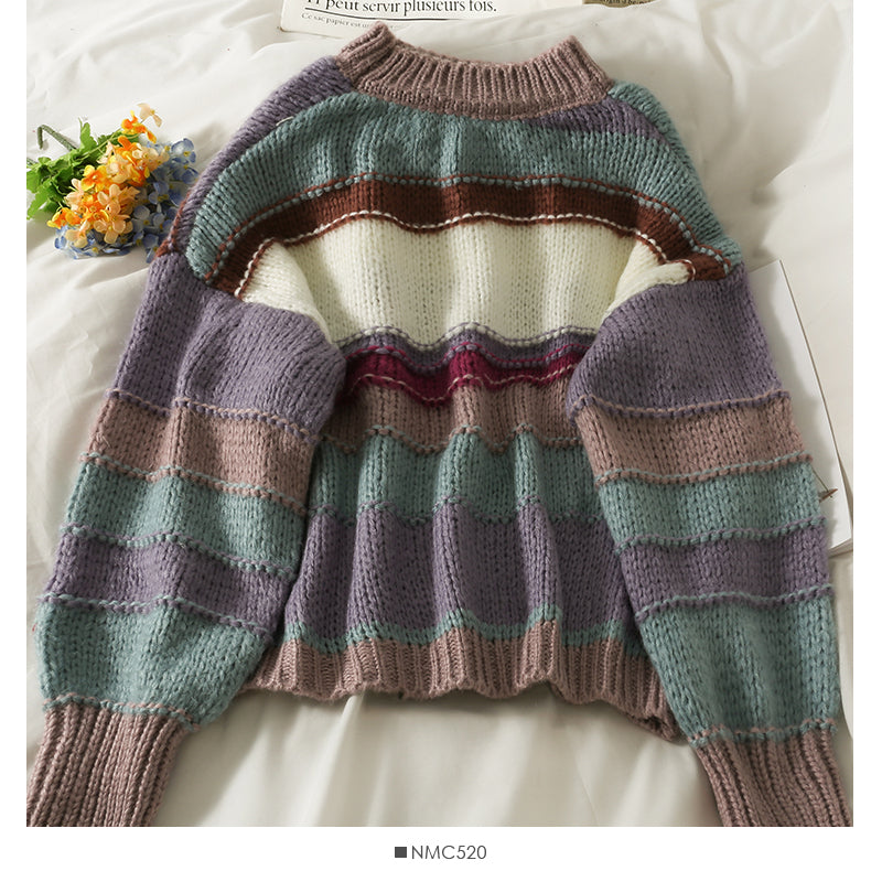 Elegant color contrast stripe round neck long sleeve Pullover Sweater women  2071
