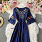 Embroidered trumpet sleeve V-neck waist cotton hemp loose holiday dress  2948