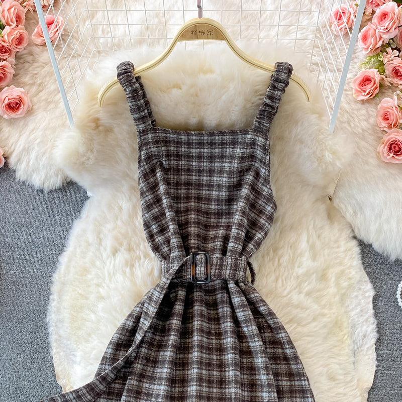 French retro Plaid strap skirt versatile backless A-line dress  2867