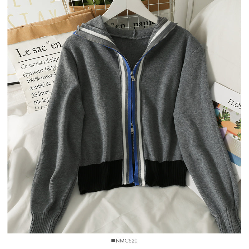 Hooded sweater women's stripe loose slim zipper sweater  2014