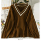 Pull femme à carreaux losanges pull ample et fin col V coréen 1863