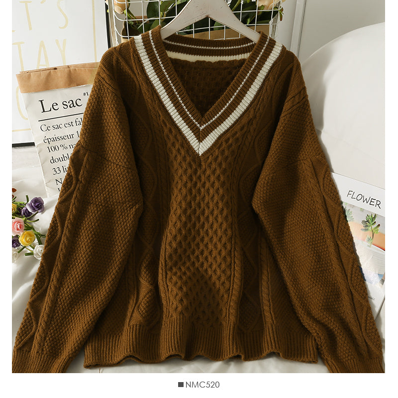 Pull femme à carreaux losanges pull ample et fin col V coréen 1863