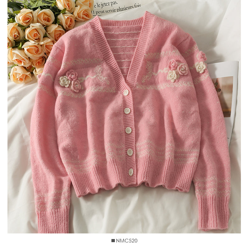 Sweet three-dimensional flower wavelet point short cardigan sweater  2039