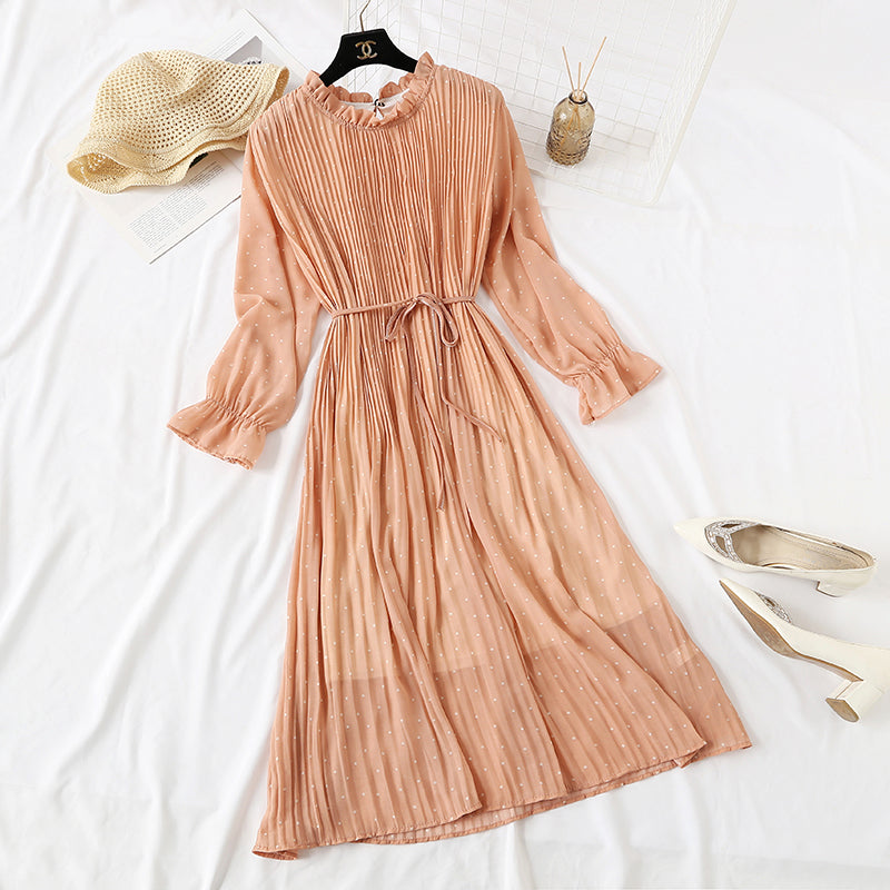 Wave point dress new autumn and winter dress French retro broken flower chiffon long skirt  2128