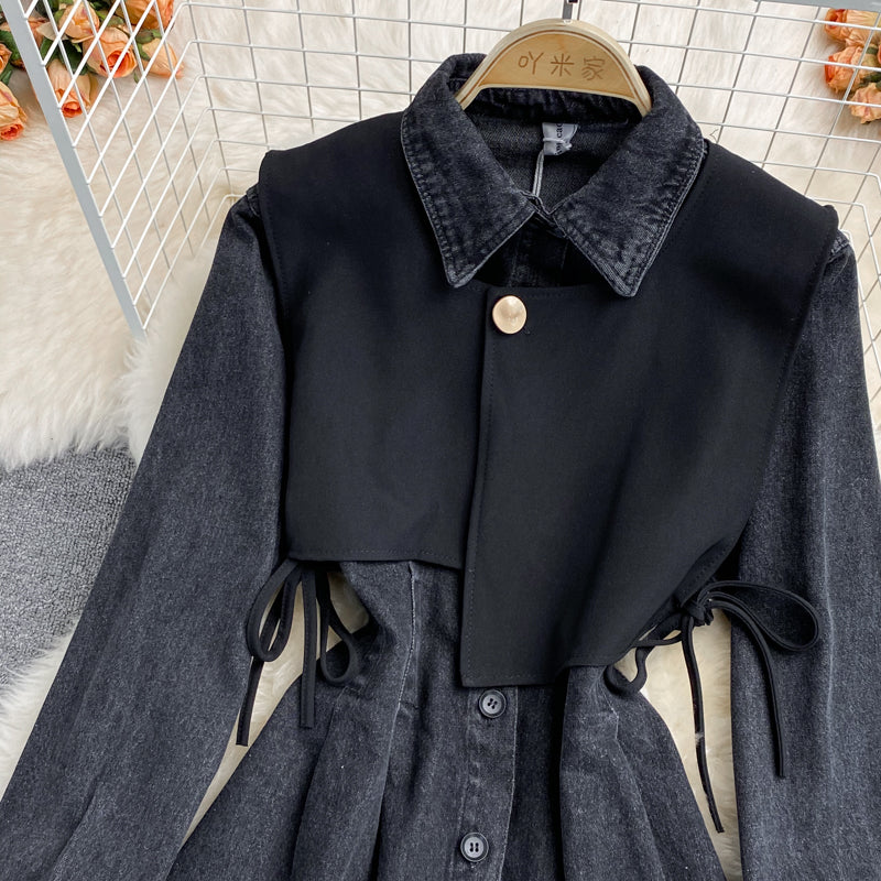 Slim waist, fake two waistcoats, lapel denim dress  3116