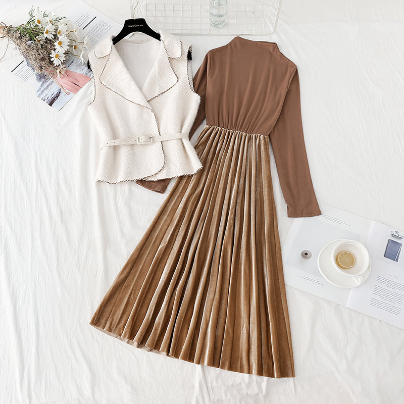 New vest velvet pleated skirt temperament two piece set  2405