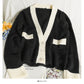 Korean contrast color stitched low neck three button long sleeve T-shirt  2005