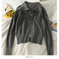 Lapel Zip Cardigan long sleeve vertical stripe top  1830
