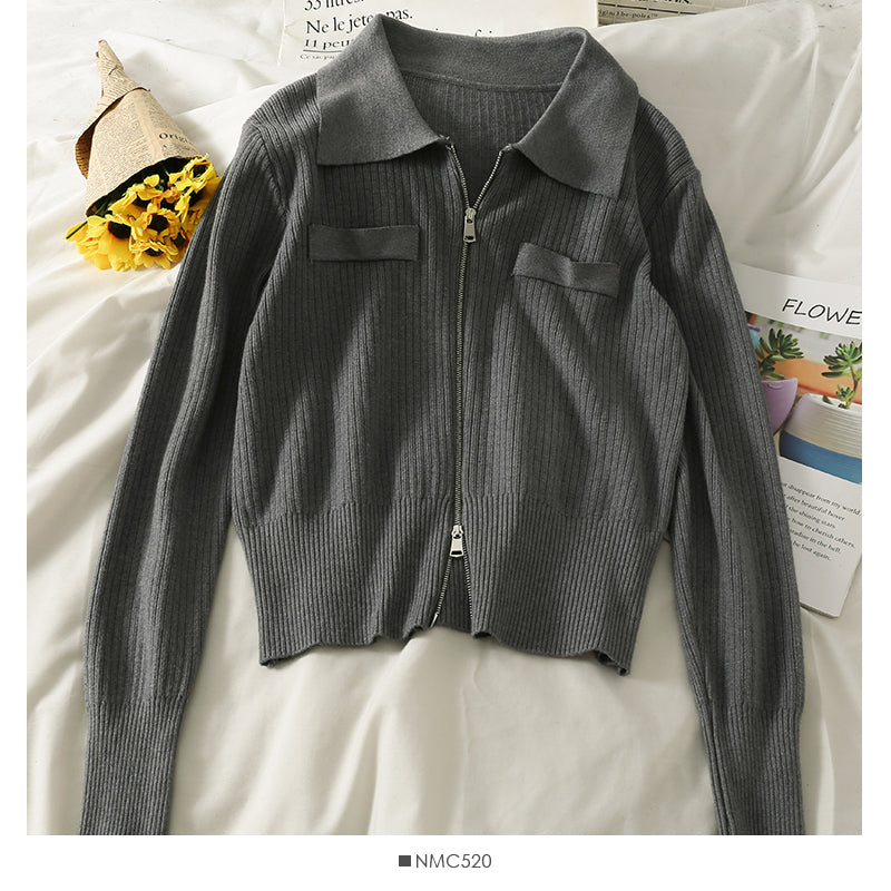 Lapel Zip Cardigan long sleeve vertical stripe top  1830