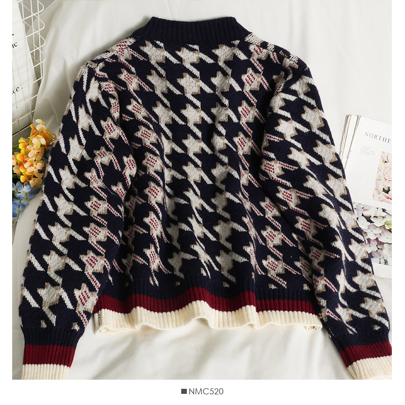 Hong Kong style retro thousand bird check color matching single breasted sweater for women  2056