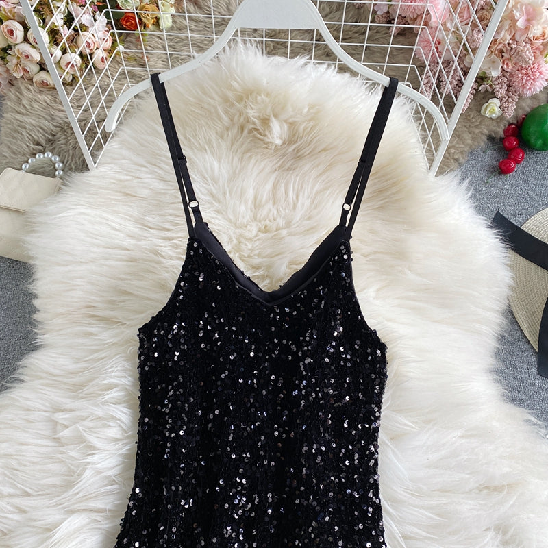 Sequin slim sexy hip strap dress  2849