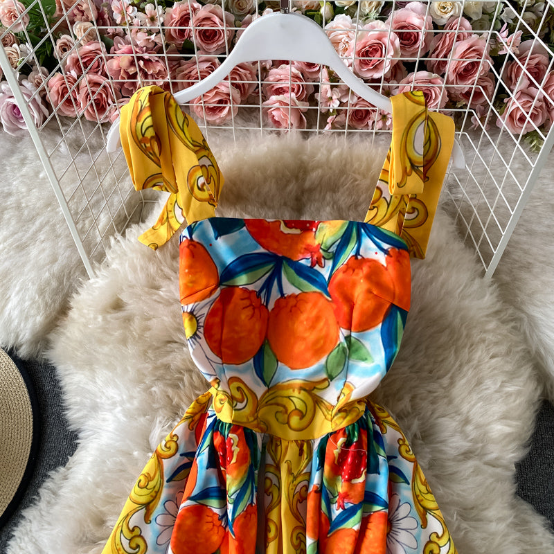 Bow tie strap suspender skirt sweet print age reduction dress  3302