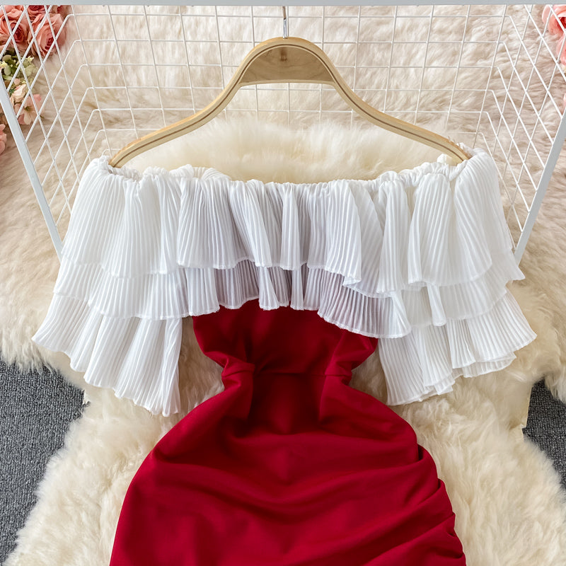 Straight neck off shoulder temperament Hepburn wrap hip short skirt  3209