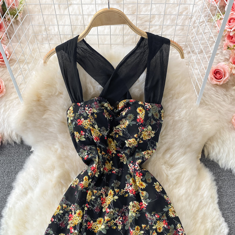 French retro style backless floral suspender dress  2902