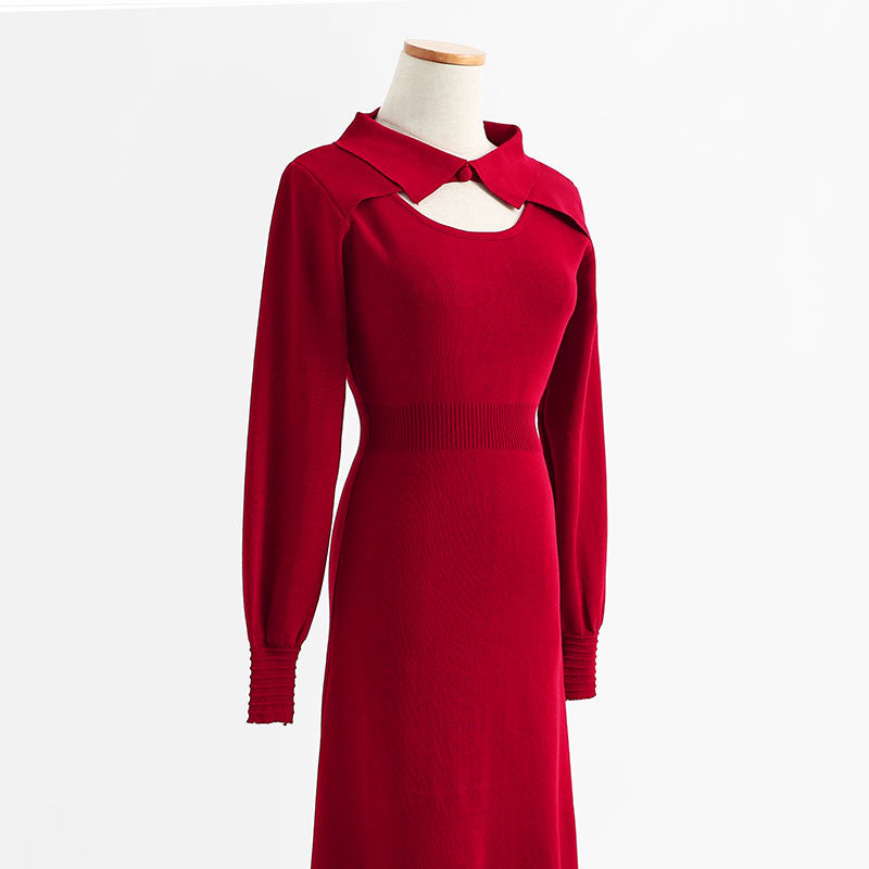 New hollow out red dress, age reducing and thin knitted bottomed skirt  2227