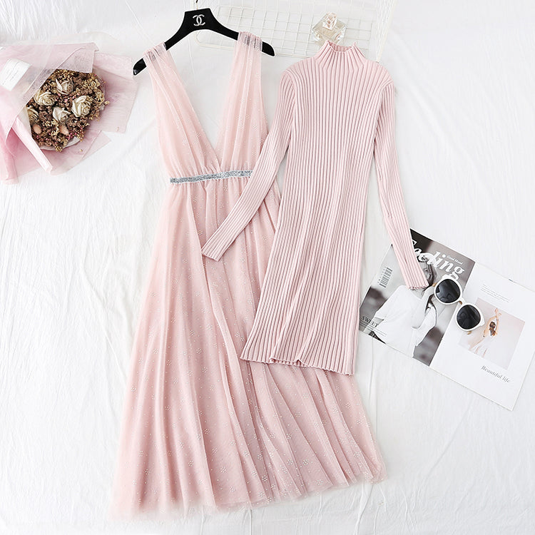 New sweater over knee mesh celebrity small fragrance suit long skirt  2398