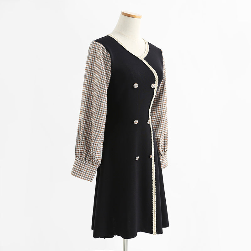 Dress long sleeve aging temperament Plaid knitted skirt with slim waist  2426