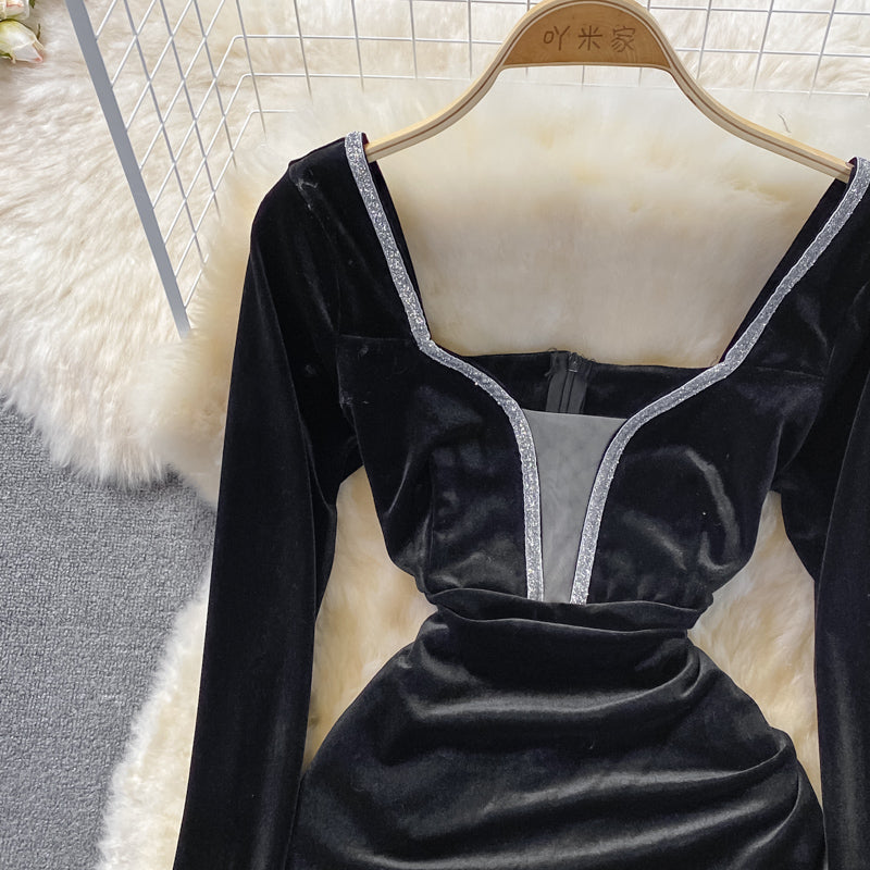 Korean new V-neck velvet with diamond temperament waist closing  2846