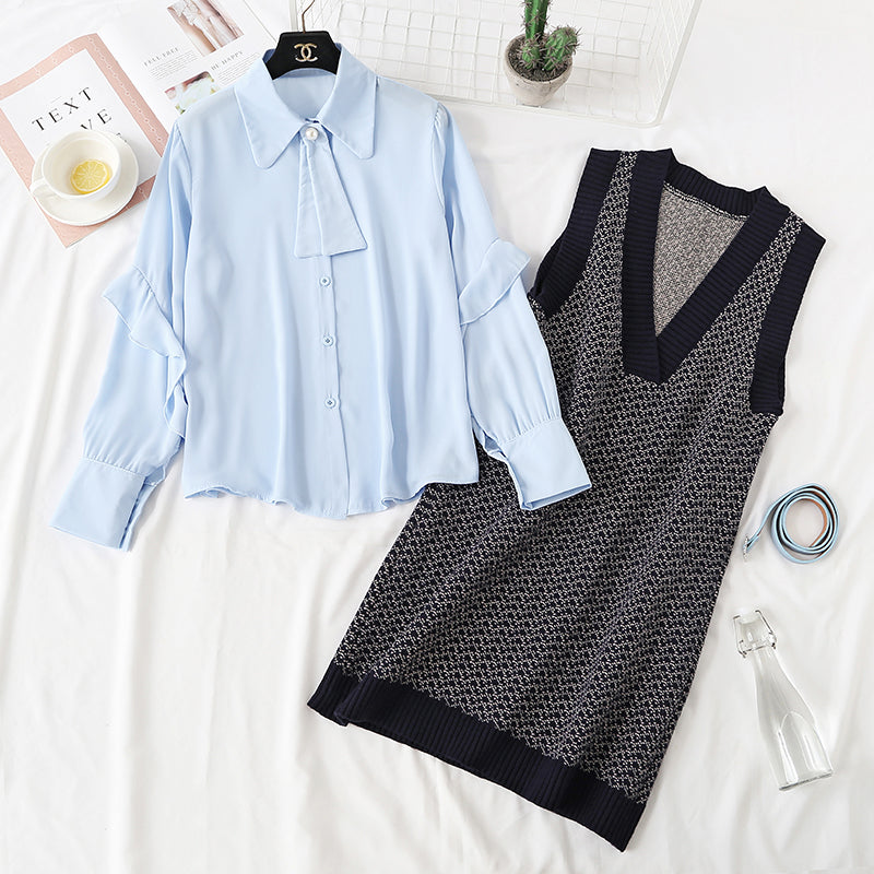 Knitted dress female autumn winter shirt vest skirt sweater skirt net red suit skirt  2351