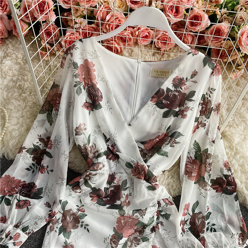 Pleated bubble sleeve wrap hip fishtail Chiffon Dress  3423