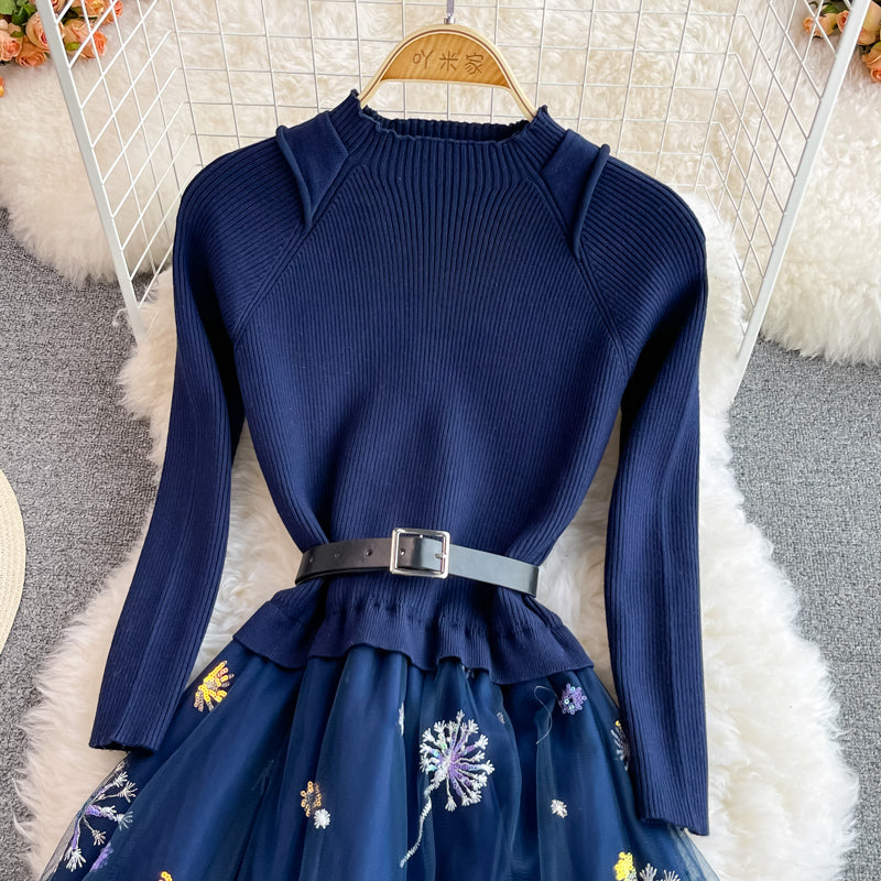 Celebrity temperament stand collar bottomed knitted dress  2870