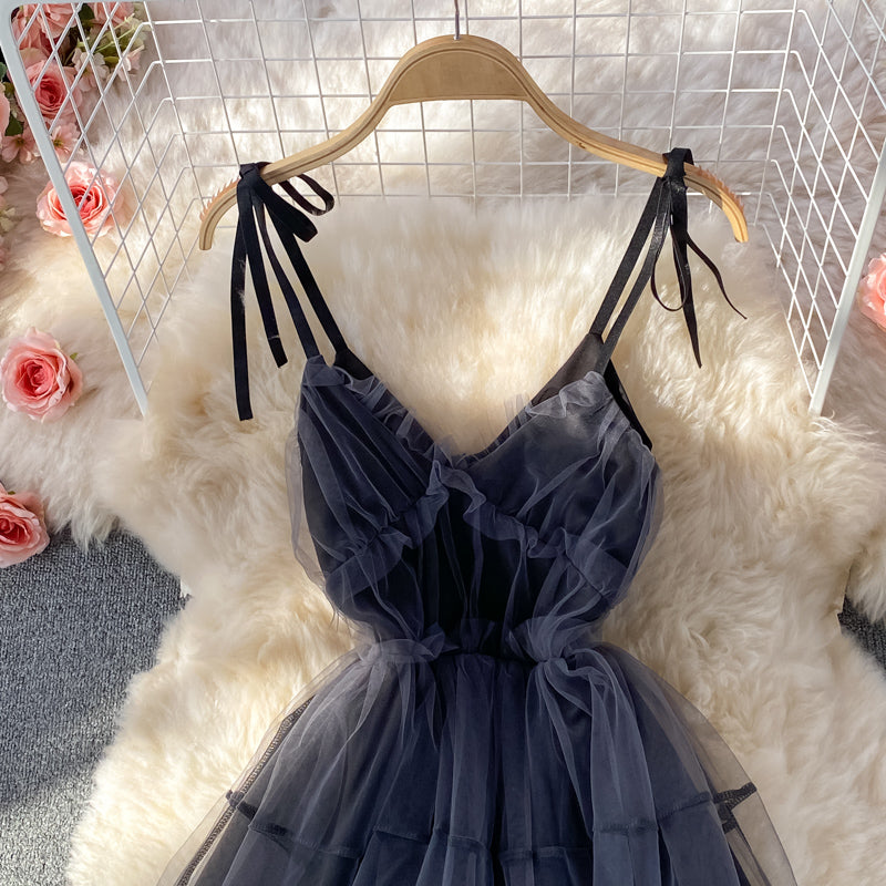 Bow tie tie waist closing thin mesh puffy dress  3071