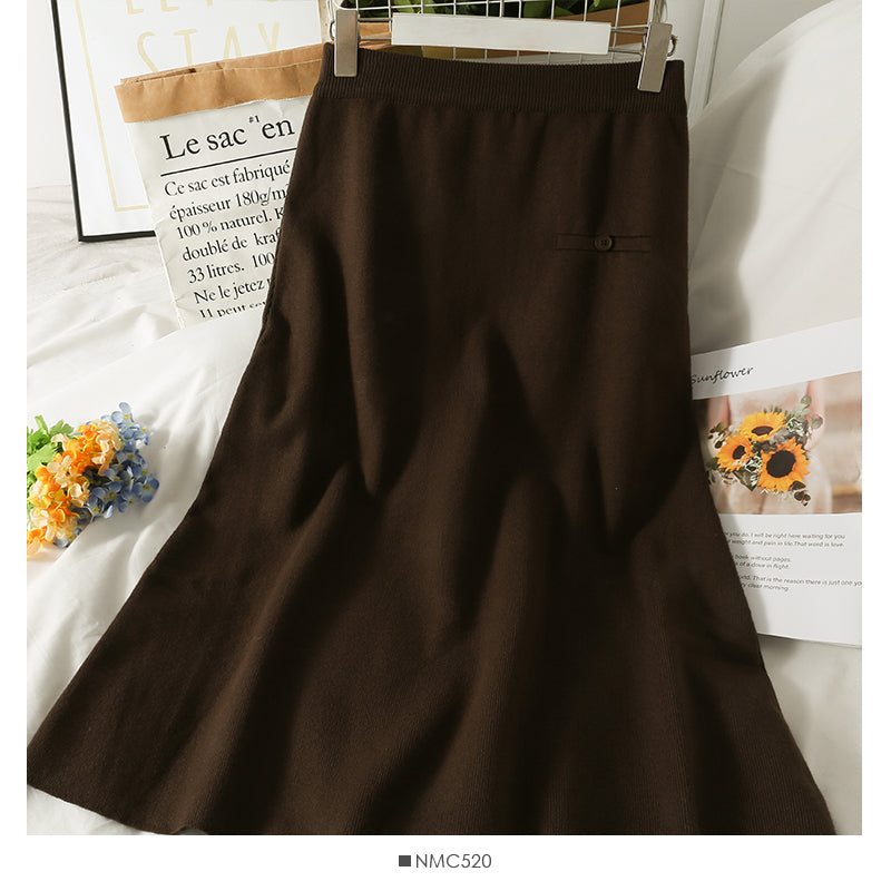Hong Kong style retro elastic waist thin medium length skirt  2606