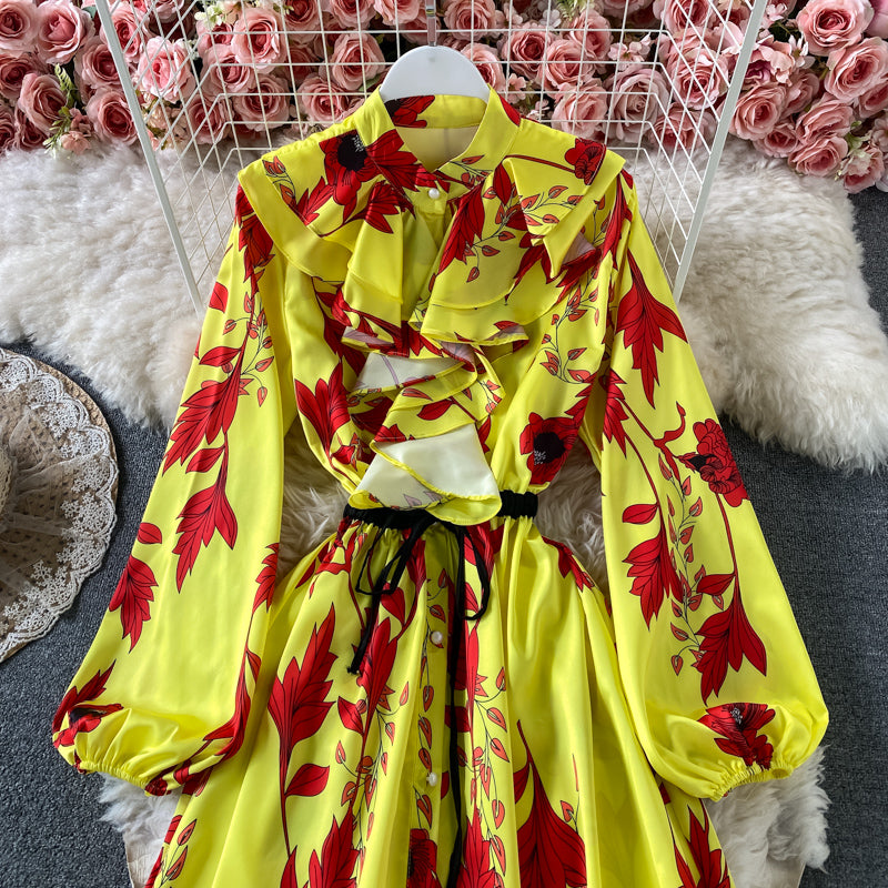 Slim and slim, lotus leaf border, waist closed and large swing A-shaped skirt  2967
