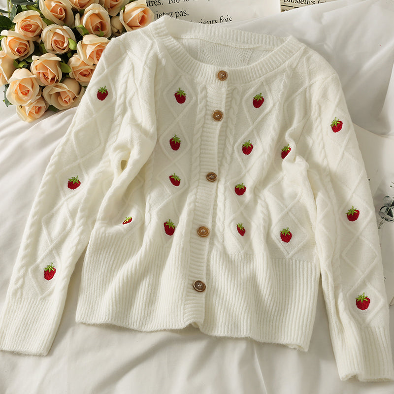 Sweet wind strawberry embroidered cardigan sweater female  1719