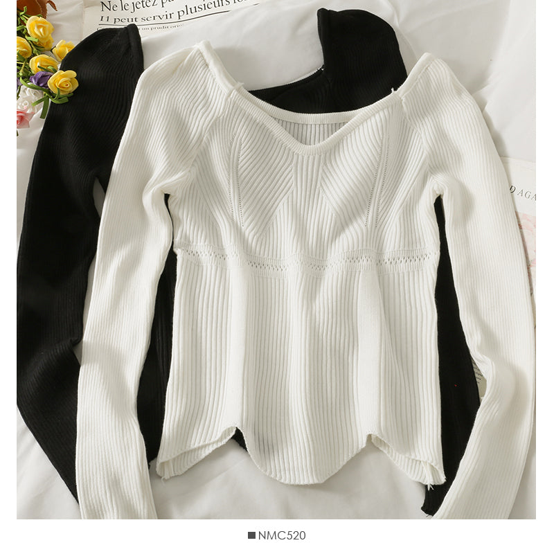 Irregular tight long sleeved foreign style sweater, women's straight shoulder exposed collarbone, versatile  1938