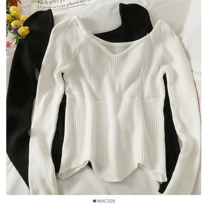 Irregular tight long sleeved foreign style sweater, women's straight shoulder exposed collarbone, versatile  1938
