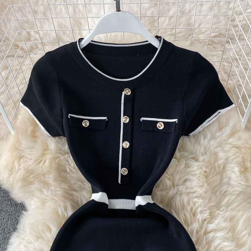 Slim round neck knitted Hip Wrap Dress  2975