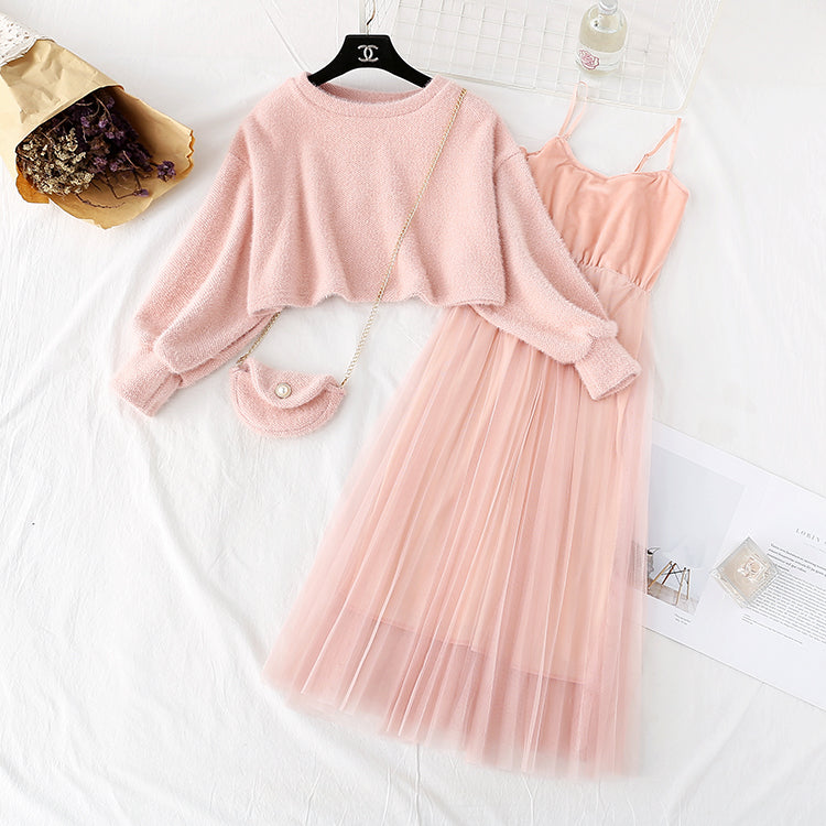 Woolen suit long skirt two-piece sling mesh with bottom dress  2154