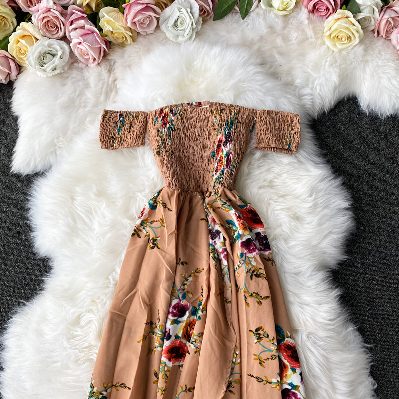 Fashion temperament one shoulder Strapless Floral Dress  2927