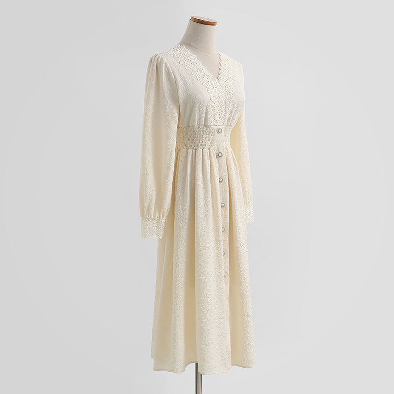 Dress long sleeve lace fairy skirt French V-neck  2283