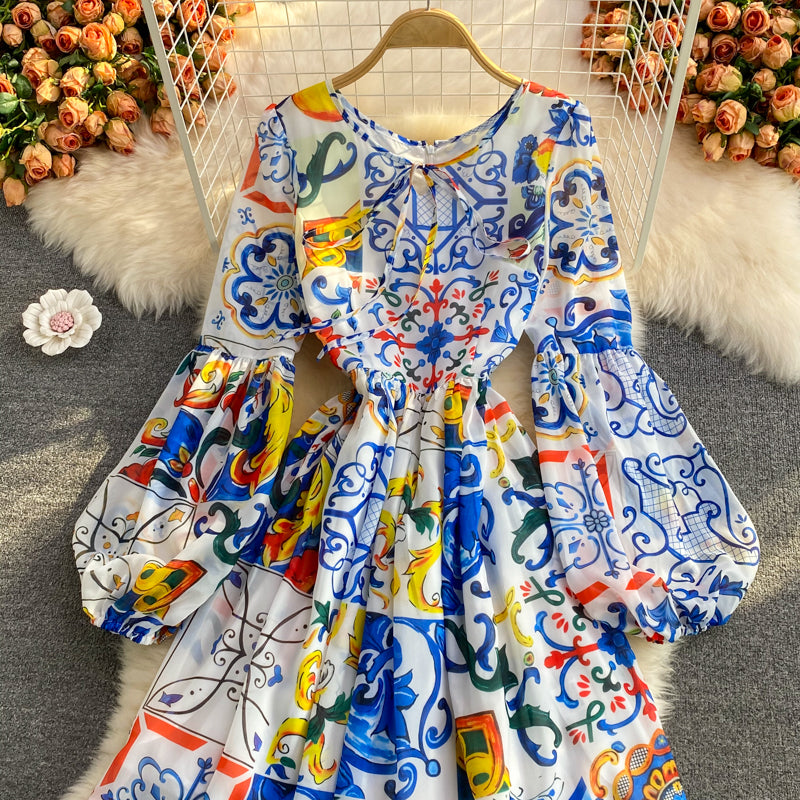 Blue and white porcelain printing gentle dress  3251