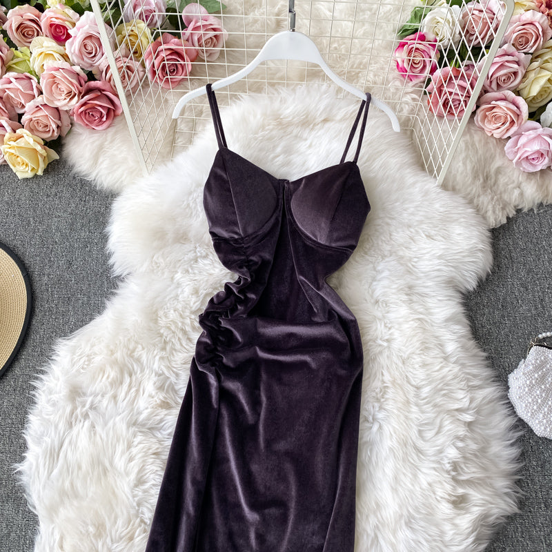 Vintage Hepburn velvet dress split Strapless suspender dress  3142