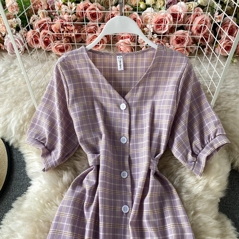 French Vintage Plaid waist closing slim A-line skirt  3301