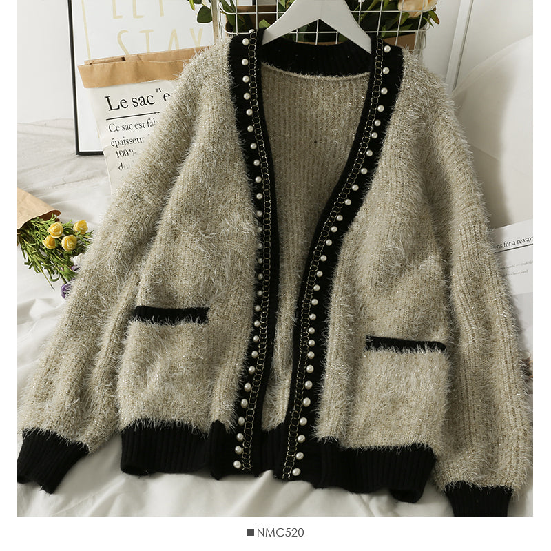 Hong Kong style retro nail bead medium long cardigan loose Long Sleeve Jacket Women  2042