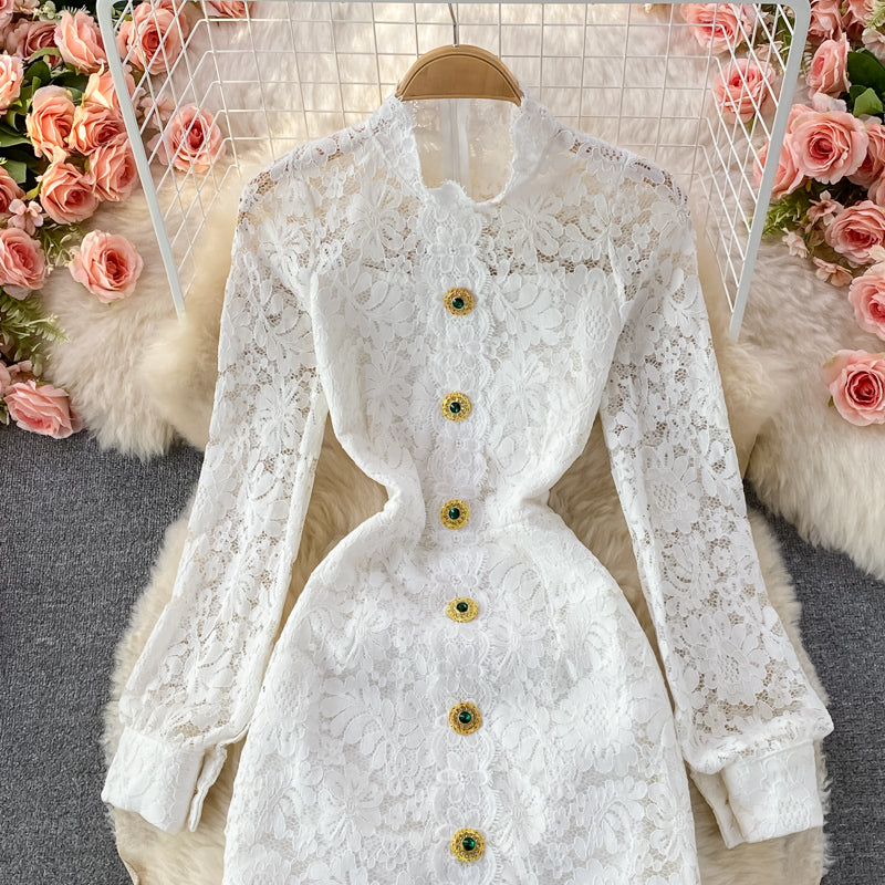 Light luxury medium length stand collar lace Hip Wrap Dress long sleeve  3236