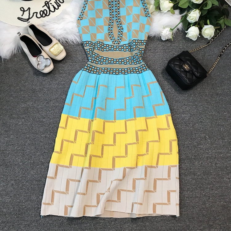 Geometric lattice Halter sleeveless vest suspender knitted dress  2795