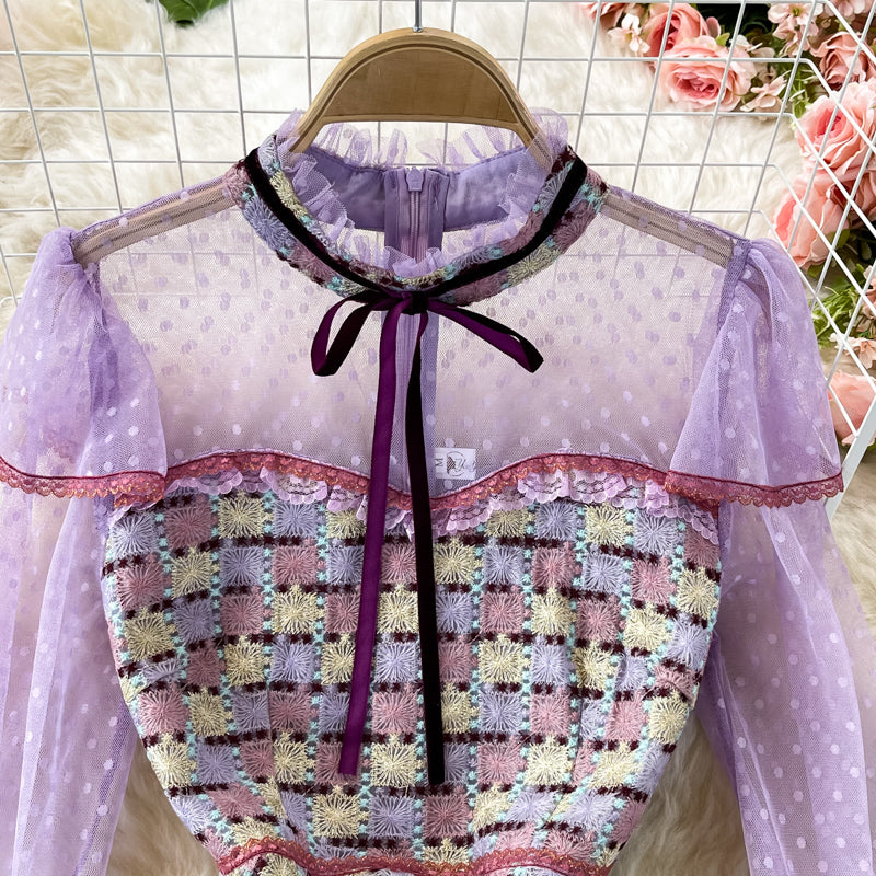 Collar ribbon Plaid embroidery lace dress  2912