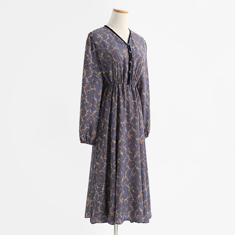 French retro minority temperament gentle wind long sleeve Floral Dress  2254