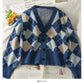 Einreihiger Pullover mit V-Ausschnitt und Rautenmuster für Damen 1778